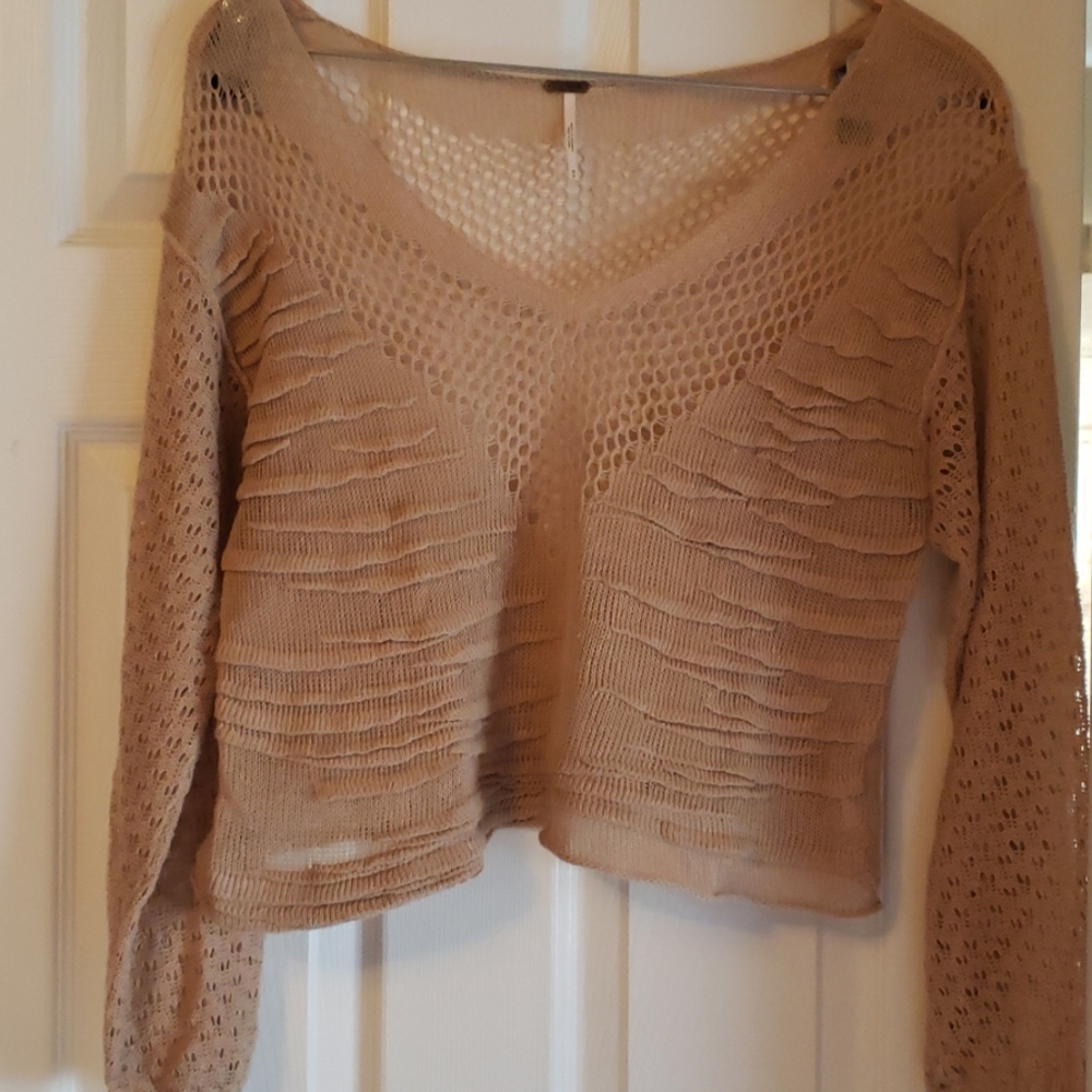 Free People Boho Crochet Cropped Knit Sweater